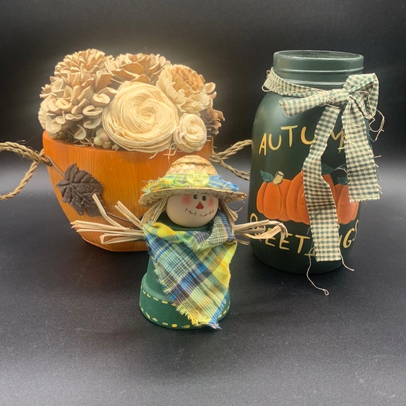 Fall Autumn Decor Hand Painted Jar Terra Cotta Scarecrow Wood Flower Pumpkin Pot - Picture 1 of 4
